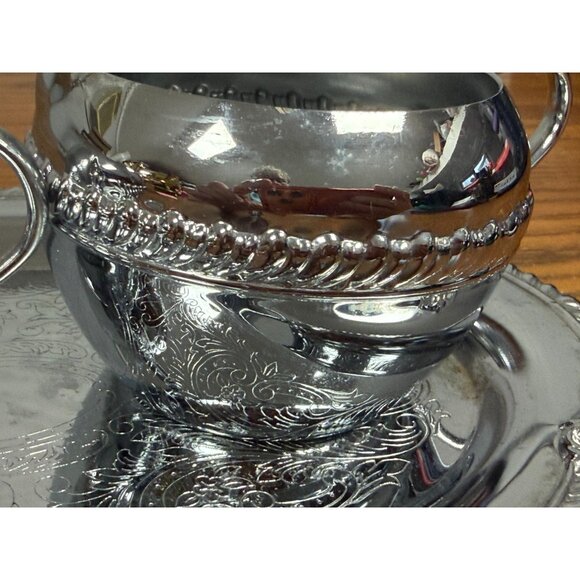 Irvinware Chromeware Cream And Sugar Set With Tray Made In USA Vintage 1970s - Picture 9 of 12